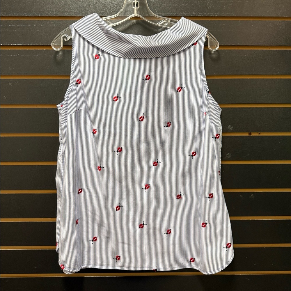 Talbots Ladybug Embroidered Striped Sleeveless Blouse Peter Pan Collar Medium